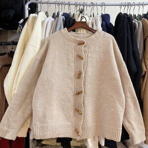Cozy Beige Knit Cardigan Wood Toggle Buttons